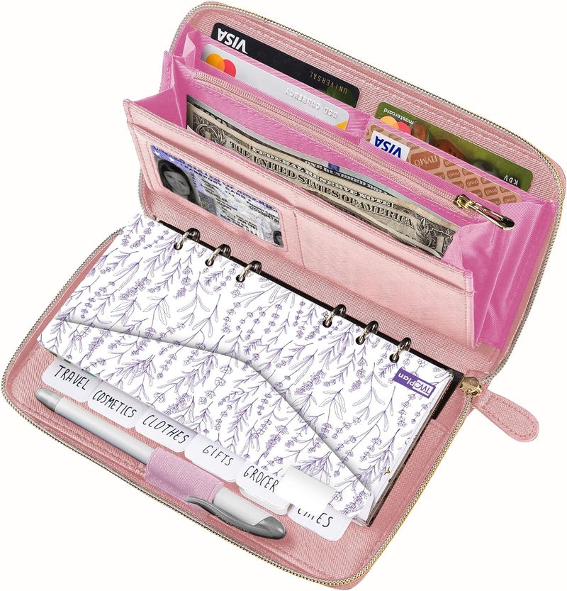 THREE WAY CUT Cash Envelope Wallet Pink All in One Budget System with 12x Tabbed Cash Envelopes, 12x Monthly Budget Cards,1x Yearly budget planner sheet Complete Money Organizer Set for Cash RFID Protection - Image 1