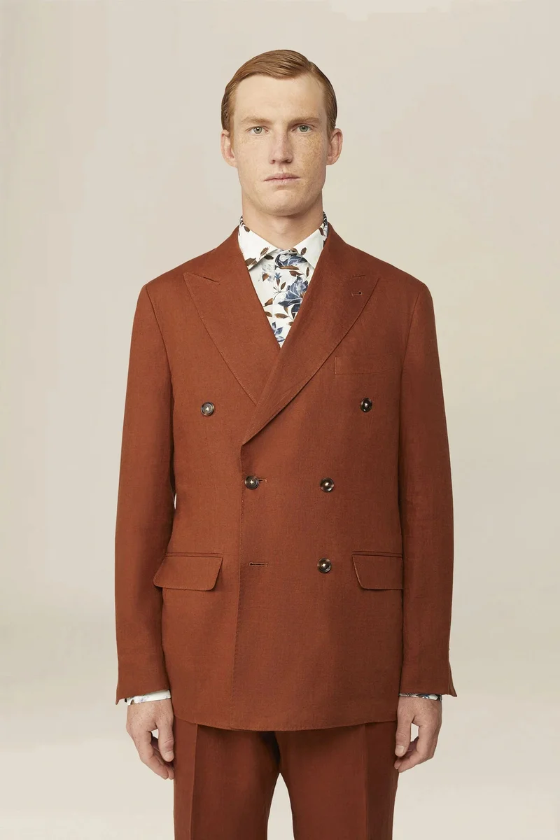 دوبل غانغر Men's double-breasted suit in 100% linen, regular fit - Rust