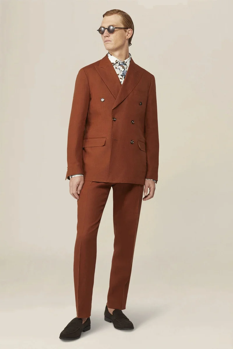 دوبل غانغر Men's double-breasted suit in 100% linen, regular fit - Rust