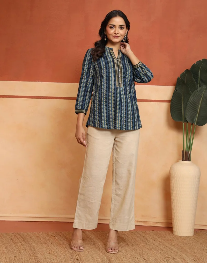 Fabindia  Blue-Green Cotton Printed Dabu Tunic for Women | Best Price UAE