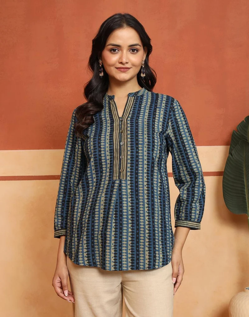 Fabindia  Blue-Green Cotton Printed Dabu Tunic for Women | Best Price UAE