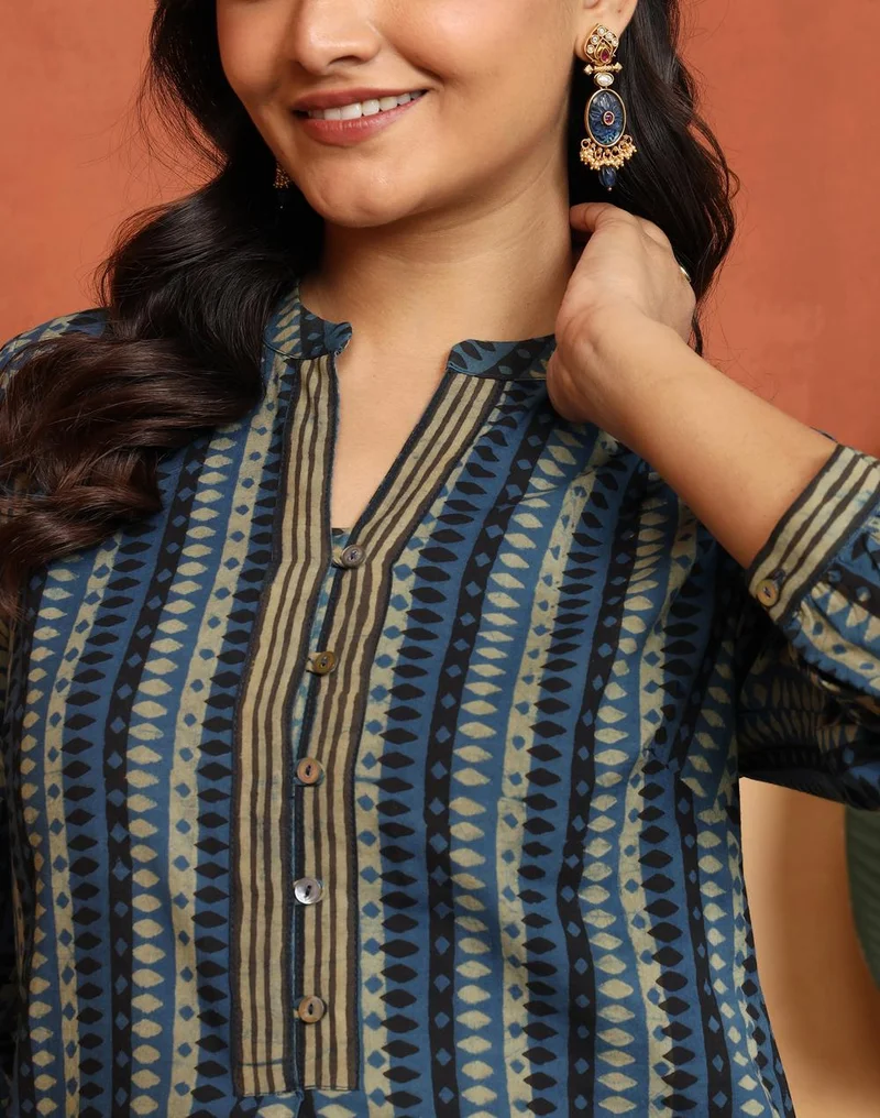 Fabindia  Blue-Green Cotton Printed Dabu Tunic for Women | Best Price UAE