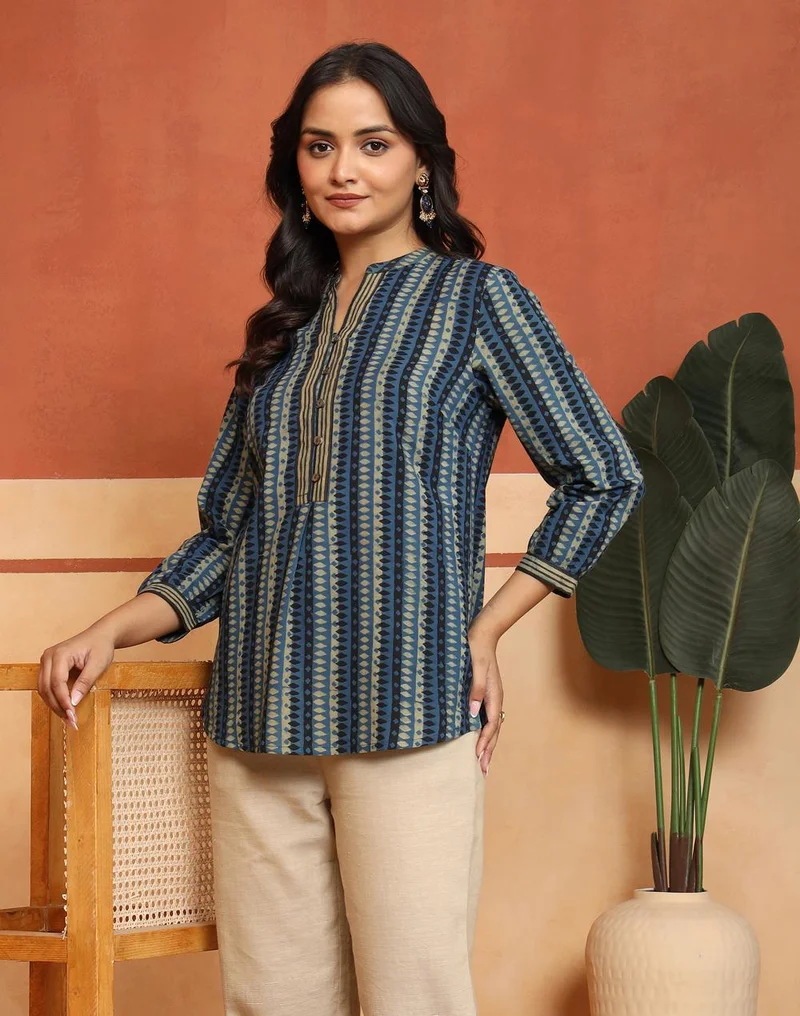 Blue-Green Cotton Printed Dabu Tunic