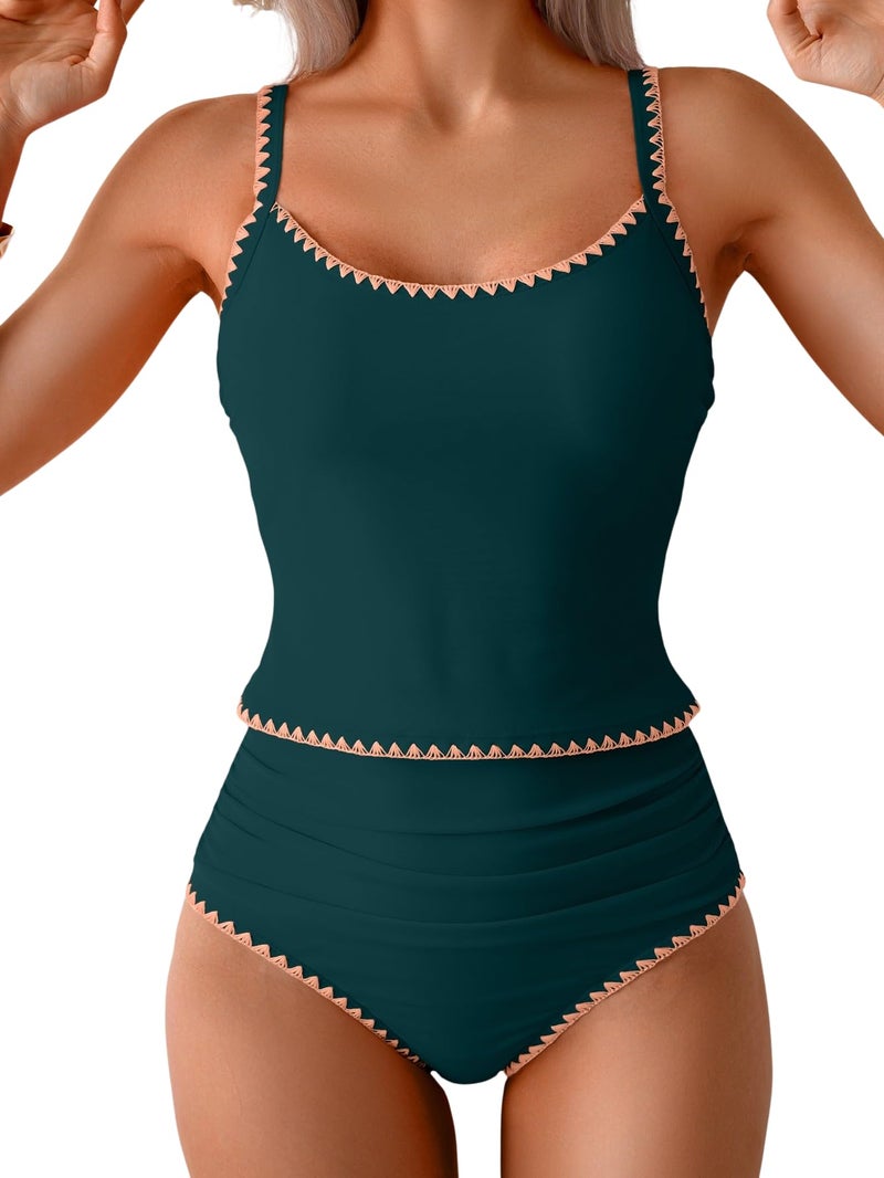 Eomenie Tankini Swimsuit for Women Tummy Control Ruched Two Piece Bathing Suits High Waisted Shell Stitch Swimwear Peacock Green - Image 1