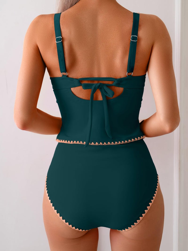 Eomenie Tankini Swimsuit for Women Tummy Control Ruched Two Piece Bathing Suits High Waisted Shell Stitch Swimwear Peacock Green - Image 2