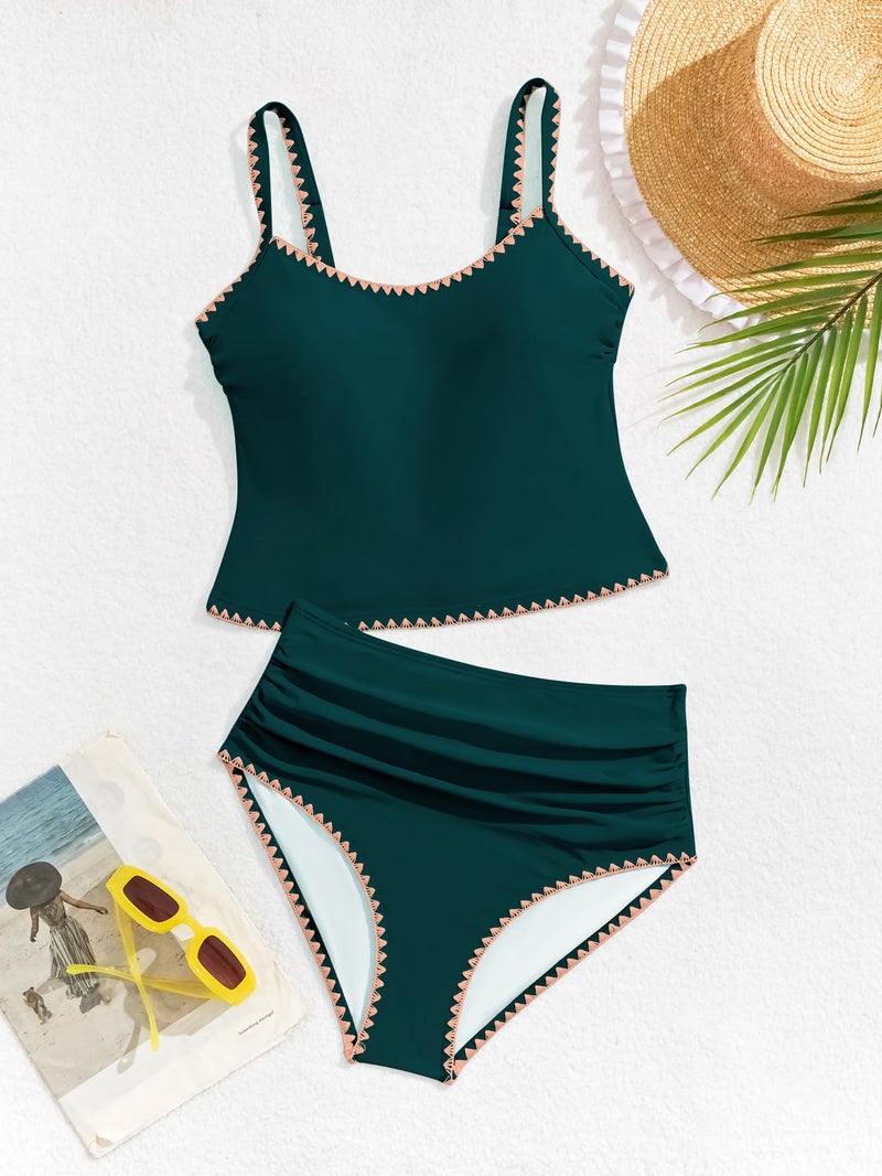 Eomenie Tankini Swimsuit for Women Tummy Control Ruched Two Piece Bathing Suits High Waisted Shell Stitch Swimwear Peacock Green - Image 5