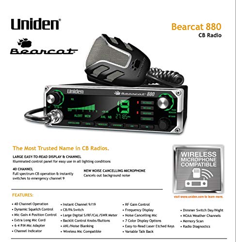 Uniden راديو CB من يونييدن BEARCAT 880 مع 40 قناة وشاشة LCD كبيرة سهلة القراءة بألوان 7 مع إضاءة خلفية، وأزرار تحكم مضاءة، وتنبيه الطقس NOAA، ومفتاح PA/CB، ومتوافق مع الميكروفون اللاسلكي. - Image 4