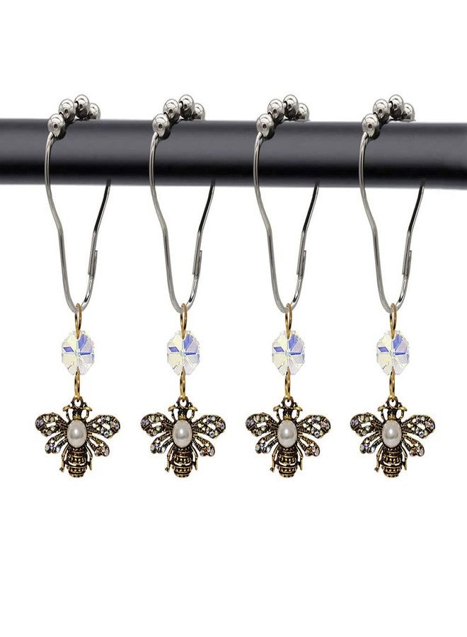 Decorative Bee Shower Curtain Hooks for Bathroom Shower Rod, Rust Proof Stainless Steel Shower Curtain Rings Set of 12 with Rhinestone Insect Bees Garden Flower Themed Bathroom Bathtub Decor (Gold) - Image 1