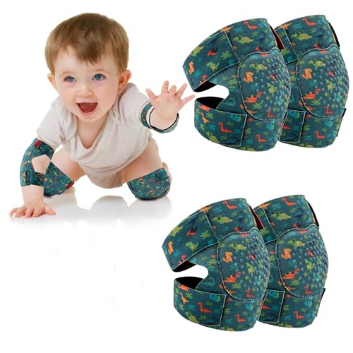 Prapiroon 2 Pairs Baby Knee Pads for Crawling Adjustable Knee Pads Toddler Crawler Knee Protector for Infant Girl Boy Crawling (Green Dinosaur) - Image 1