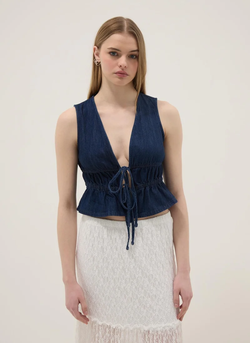 Ovs OVS Blue Sleeveless Denim Blouse In Pure Cotton, Slim Fit With Tie Fastening