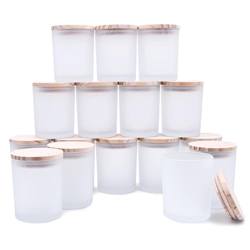 SHOWIN Thick Candle Jars for Making Candles 16 Pcs 7 OZ Empty Jars with Wood Lids for Candle Making Sample Container Frosted White