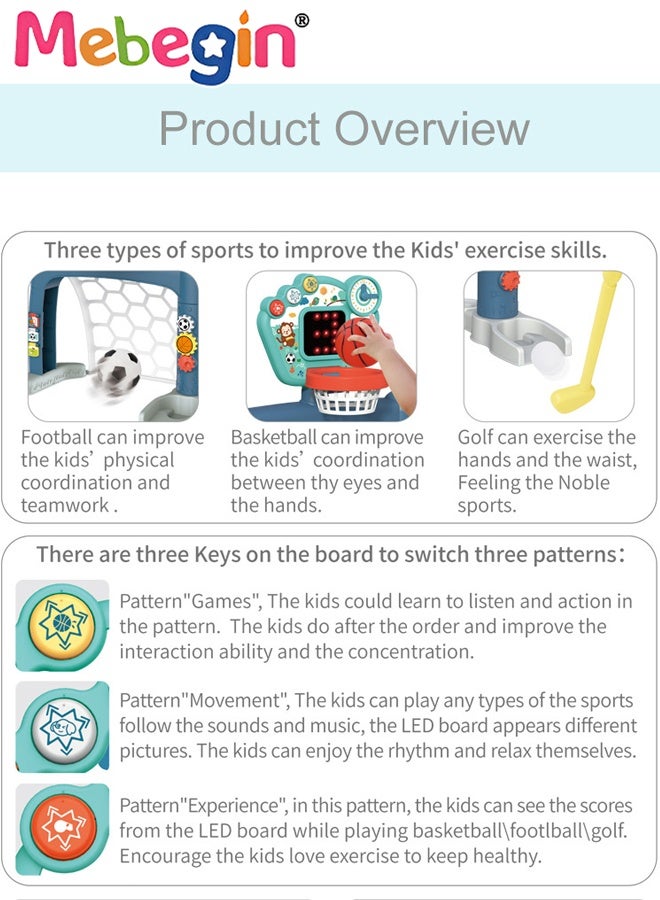 MEBEGIN Toddler Sports Toys with Scoring Function and Music, 5-in-1 Basketball Soccer Bowling Baseball Golf Activity Center for Toddlers, Multifunctional Early Education Toys, Ideal Gift for Kids Aged 18m+ - Image 5