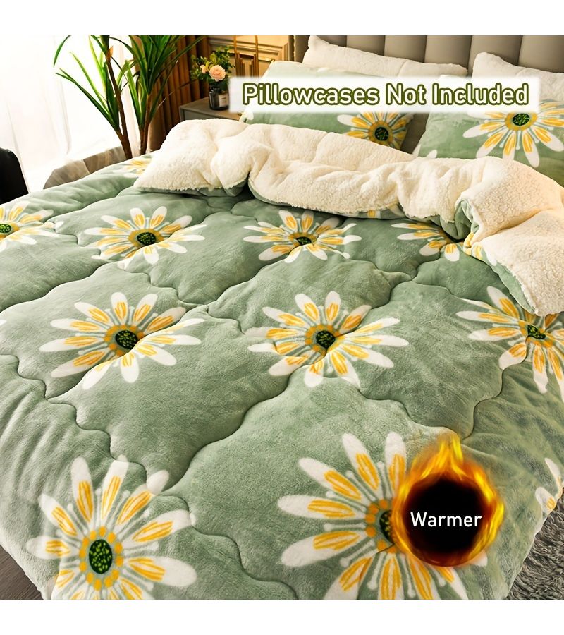 Green Winter Comforter Dual Sided Extra Thick Warm Ultra Soft Skin Friendly Breathable Quilted Floral Milk Fleece Blanket 78.74 X 78.74 Inch For Home Bedroom Dorm - Image 1