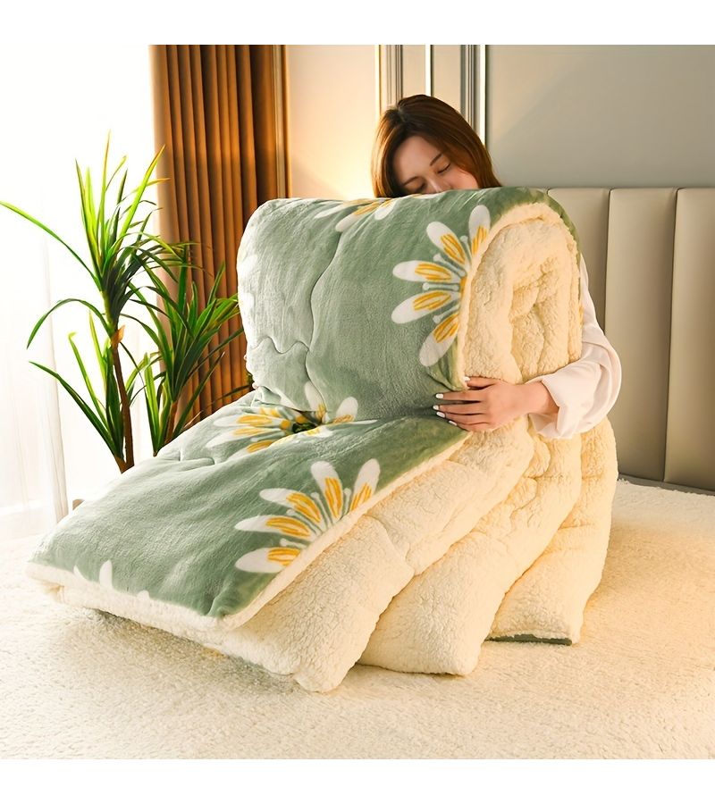 Green Winter Comforter Dual Sided Extra Thick Warm Ultra Soft Skin Friendly Breathable Quilted Floral Milk Fleece Blanket 78.74 X 78.74 Inch For Home Bedroom Dorm - Image 2