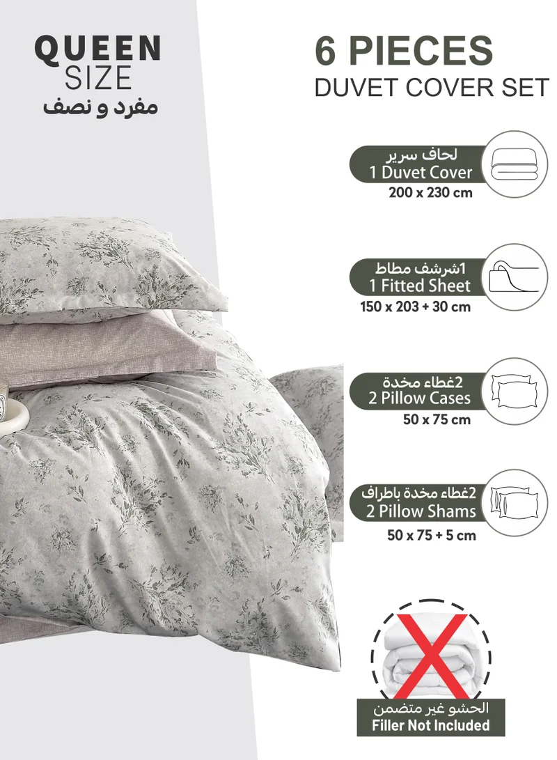 Donetella Printed Duvet Set, Queen Size 200x230 cm - 6-Pcs Bed Set, Microfiber Fabric - 1 Duvet Cover, 1 Fitted Sheet, 2 Pillow Shams, 2 Pillowcases (Filler Not Included)