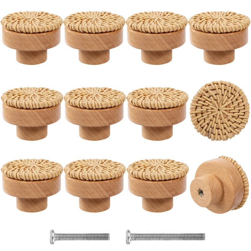 ANPHSIN 12 Pack Boho Wood Dresser Drawer Knobs- Handmade Rattan Woven Cabinet Knobs Pulls Handles with 24 Screws for Home Nursery Furniture - Image 1