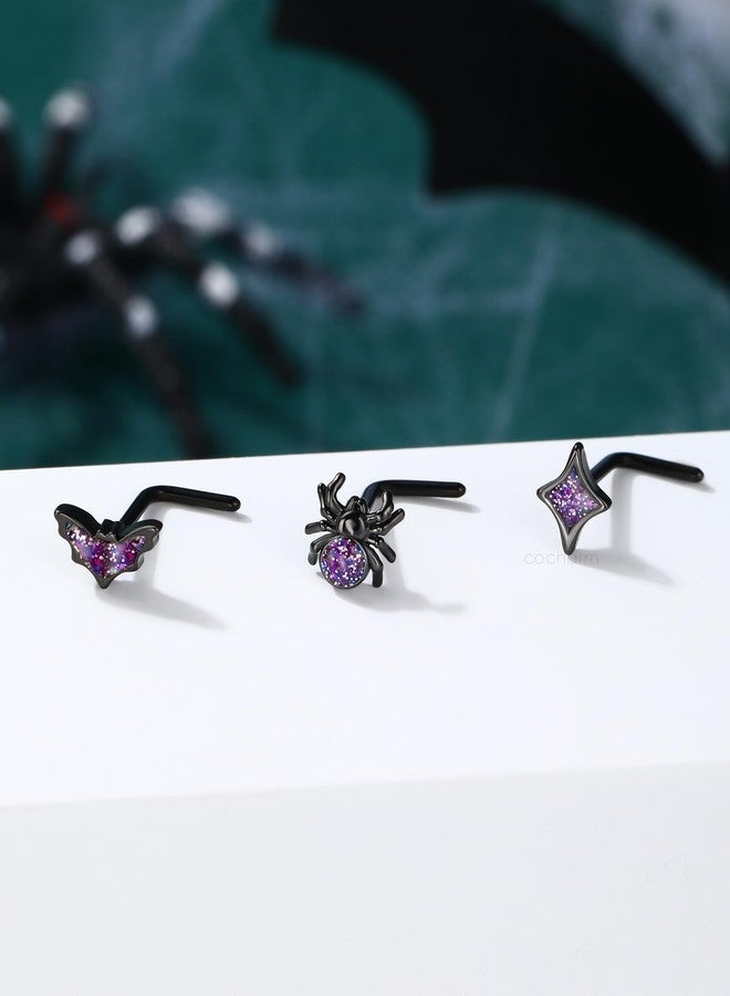 COCHARM 3PCS Halloween Nose Stud 20g Black Purple Glitter Bat Spider Nose Ring Stud Cute Dainty L Shape Nostril Stud, Surgical Steel Black Nostril Piercing Jewelry for Women Men - Image 5