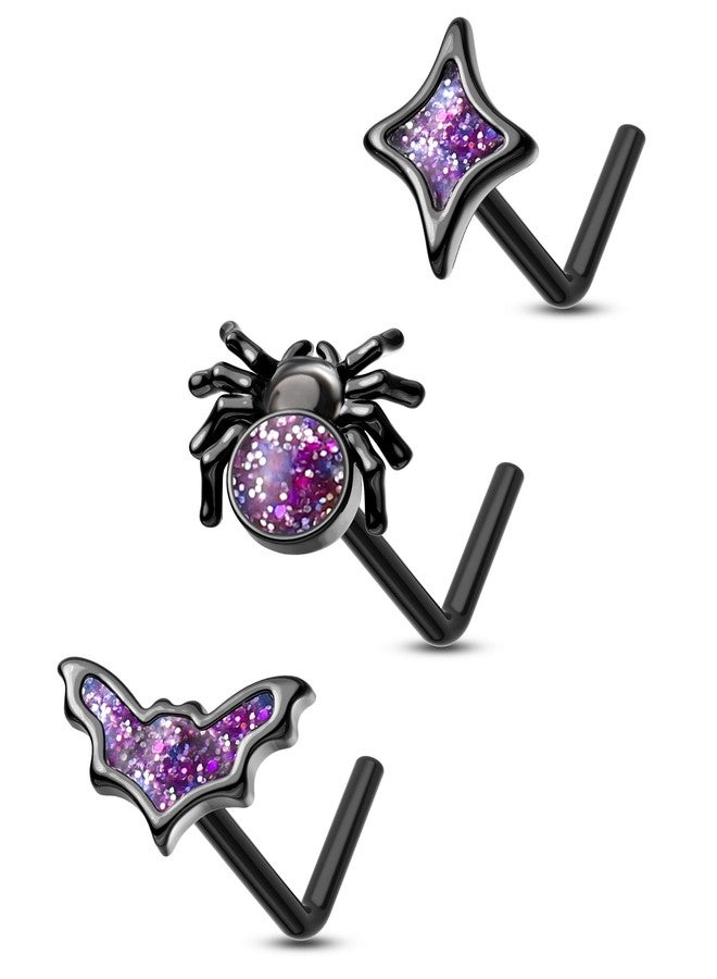 COCHARM 3PCS Halloween Nose Stud 20g Black Purple Glitter Bat Spider Nose Ring Stud Cute Dainty L Shape Nostril Stud, Surgical Steel Black Nostril Piercing Jewelry for Women Men - Image 1