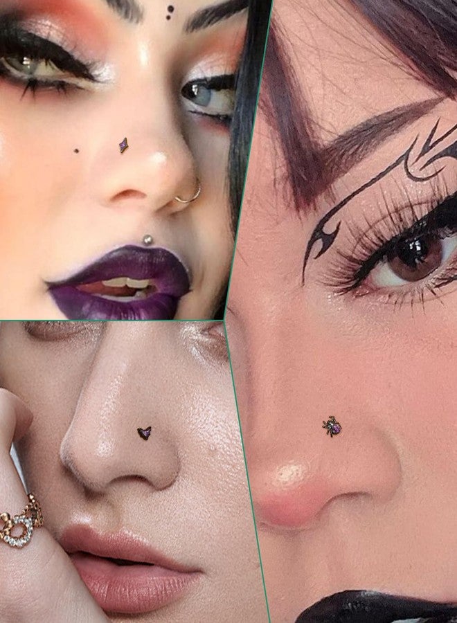 COCHARM 3PCS Halloween Nose Stud 20g Black Purple Glitter Bat Spider Nose Ring Stud Cute Dainty L Shape Nostril Stud, Surgical Steel Black Nostril Piercing Jewelry for Women Men - Image 2