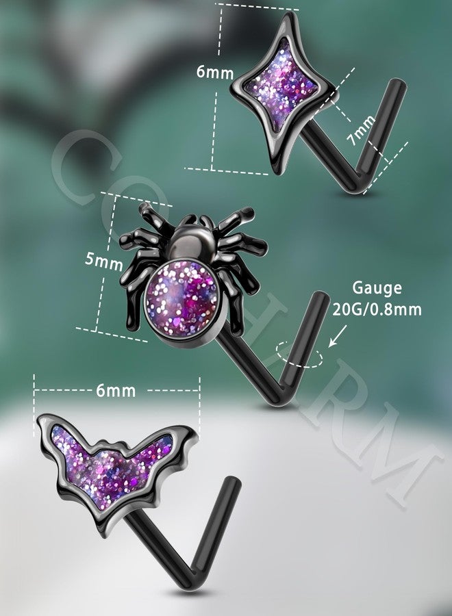 COCHARM 3PCS Halloween Nose Stud 20g Black Purple Glitter Bat Spider Nose Ring Stud Cute Dainty L Shape Nostril Stud, Surgical Steel Black Nostril Piercing Jewelry for Women Men - Image 3