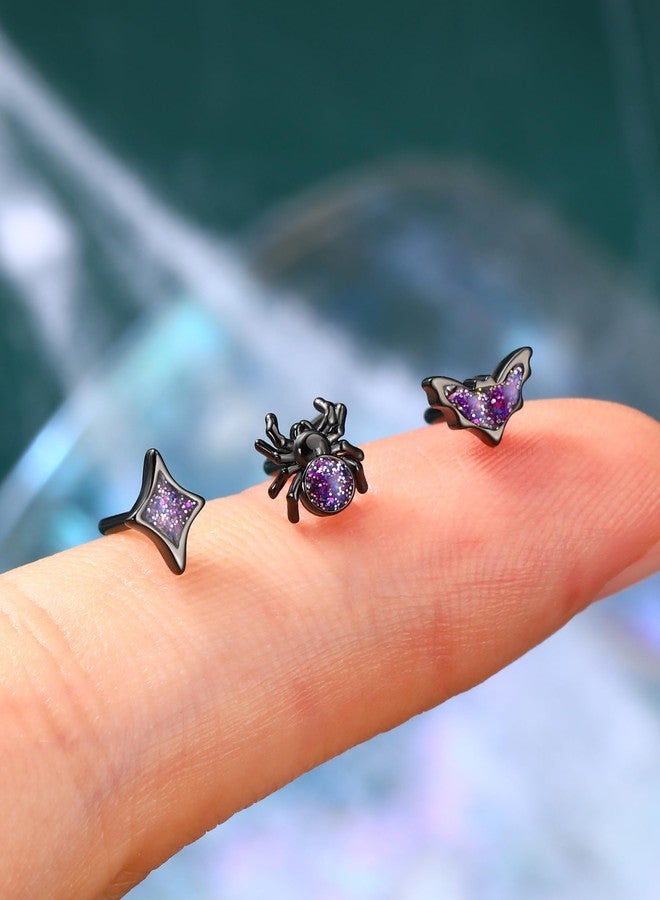 COCHARM 3PCS Halloween Nose Stud 20g Black Purple Glitter Bat Spider Nose Ring Stud Cute Dainty L Shape Nostril Stud, Surgical Steel Black Nostril Piercing Jewelry for Women Men - Image 4
