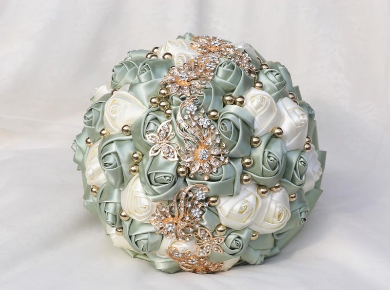 Gkvszy Handmade Wedding Bouquet with Golden Rhinestone Brooch Pearl Bridal Bouquet for Bride Bridesmaid Quinceanera Satin Rose Flower Bouquet Wedding Sage Green and Ivory 7.1in - Image 4