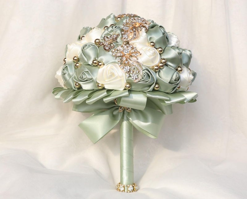 Gkvszy Handmade Wedding Bouquet with Golden Rhinestone Brooch Pearl Bridal Bouquet for Bride Bridesmaid Quinceanera Satin Rose Flower Bouquet Wedding Sage Green and Ivory 7.1in - Image 2