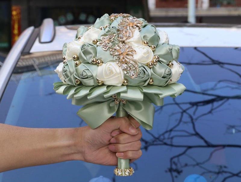 Gkvszy Handmade Wedding Bouquet with Golden Rhinestone Brooch Pearl Bridal Bouquet for Bride Bridesmaid Quinceanera Satin Rose Flower Bouquet Wedding Sage Green and Ivory 7.1in - Image 5