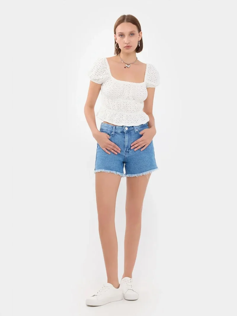 هيكاب Embroidered Square Neck Short Sleeve Peplum Top