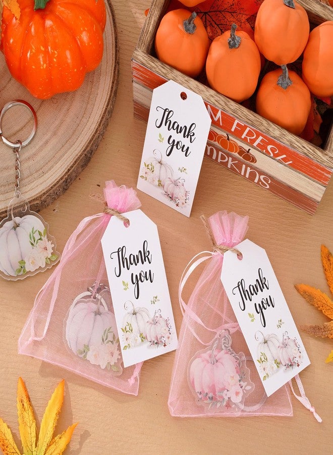 وولاين مجموعة هدايا حفلات استقبال المولود الجديد من والين، 24 قطعة، بتصميم اليقطين الخريفي، تتضمن سلاسل مفاتيح على شكل يقطينة صغيرة وردية اللون، وبطاقات شكر من ورق الكرافت، وأكياس هدايا من الأورجانزا، بكميات كبيرة، مناسبة لحفلات الخريف، وعيد الشكر، وحفلات الزفاف، وحفلات استقبال المولود الجديد. - Image 3