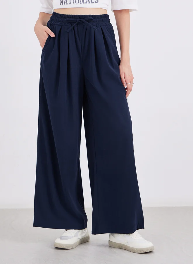 Styli Styli Women Navy Blue Corduroy Wide Leg Trousers