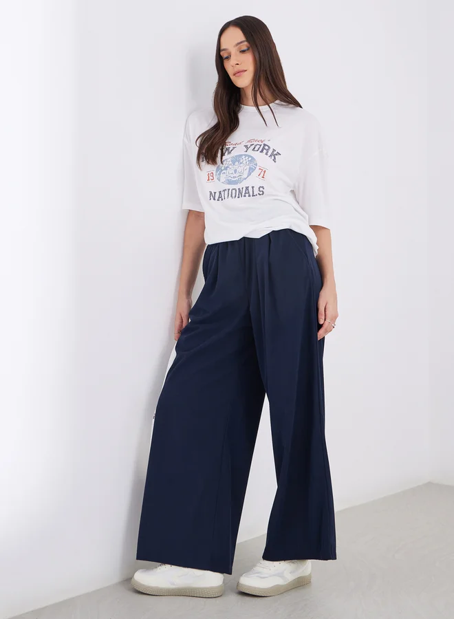 Styli Styli Women Navy Blue Corduroy Wide Leg Trousers