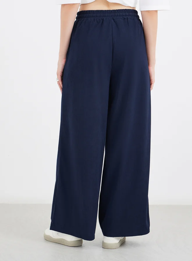 Styli Styli Women Navy Blue Corduroy Wide Leg Trousers