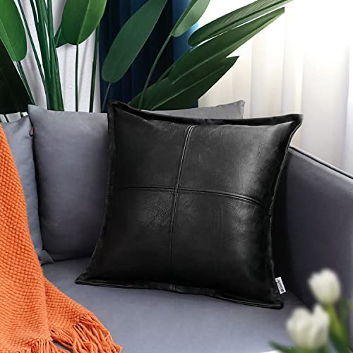 BRAWARM Black Leather Throw Pillow 18 X 18 Inches, Faux Leather Pillow Cover with Piping, Hand Stitched Leather Decorative Throw Pillow Covers for Couch Sofa Bed Living Room Garden - Image 2