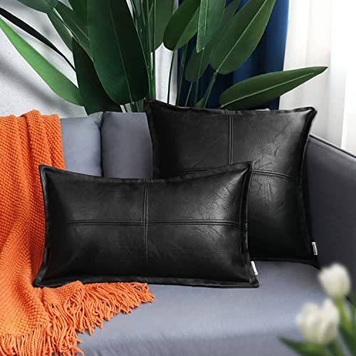 BRAWARM Black Leather Throw Pillow 18 X 18 Inches, Faux Leather Pillow Cover with Piping, Hand Stitched Leather Decorative Throw Pillow Covers for Couch Sofa Bed Living Room Garden - Image 3