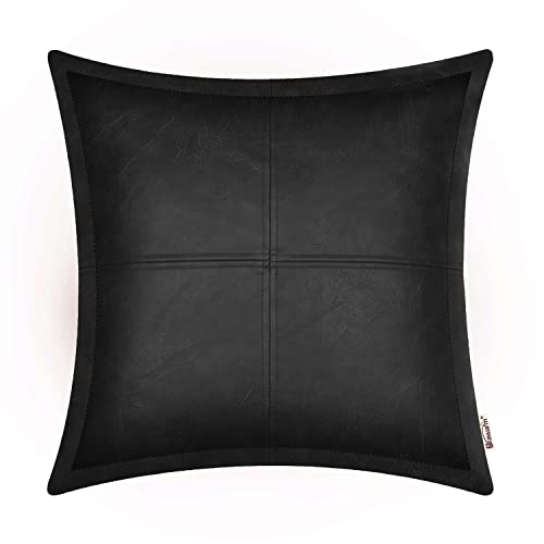 BRAWARM Black Leather Throw Pillow 18 X 18 Inches, Faux Leather Pillow Cover with Piping, Hand Stitched Leather Decorative Throw Pillow Covers for Couch Sofa Bed Living Room Garden - Image 1