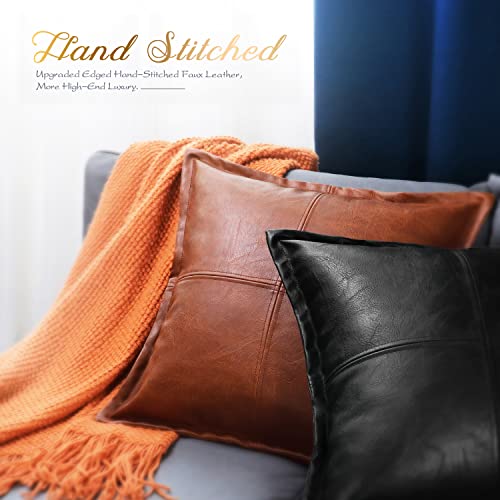 BRAWARM Black Leather Throw Pillow 18 X 18 Inches, Faux Leather Pillow Cover with Piping, Hand Stitched Leather Decorative Throw Pillow Covers for Couch Sofa Bed Living Room Garden - Image 4