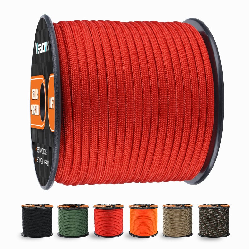 WEREWOLVES 650lb Paracord/Parachute Cord - 9 Strand Paracord Rope - 100', 200' Spools of Parachute Cord, Type III Paracord for Camping, Hiking and Survival (Red, 100 Feet) - Image 1