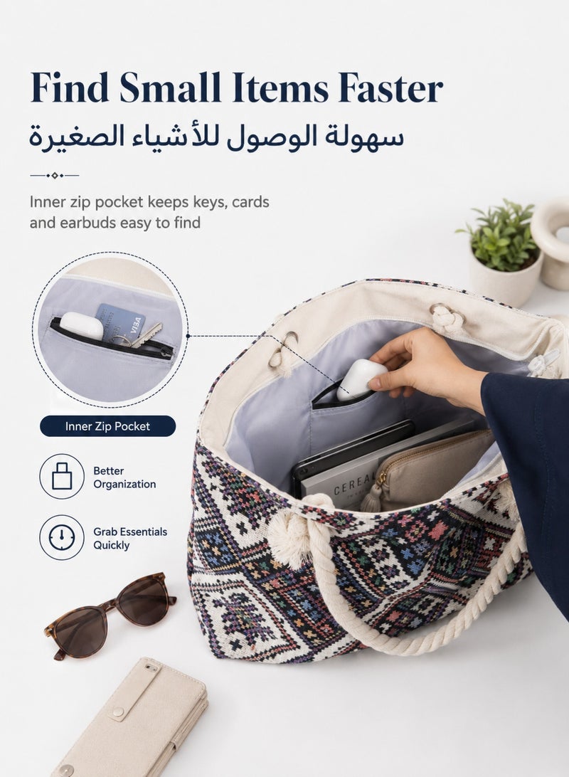 DUNISO Women Printed Tote Bag, Large Shoulder Bag with Zipper Closure, Rope Handles and Inner Pocket, Lightweight Daily Bag for University, Shopping, Travel, Beach, Pool and Casual Use - Image 4