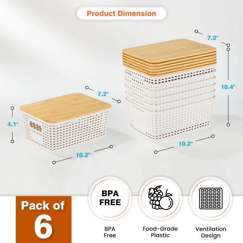 Ohmlove Plastic Storage Baskets With Bamboo Lid - Plastic Storage Containers Stackable Storage bins: Storage Baskets for Organizing Shelves Drawers Desktop Closet Playroom Classroom Office, 6 Pack - Image 2