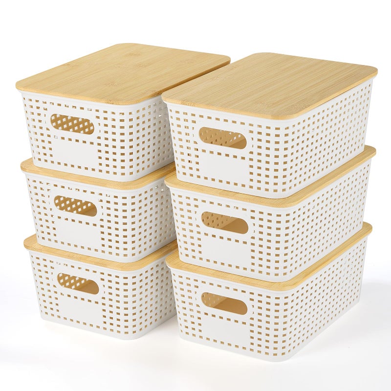 Ohmlove Plastic Storage Baskets With Bamboo Lid - Plastic Storage Containers Stackable Storage bins: Storage Baskets for Organizing Shelves Drawers Desktop Closet Playroom Classroom Office, 6 Pack - Image 1