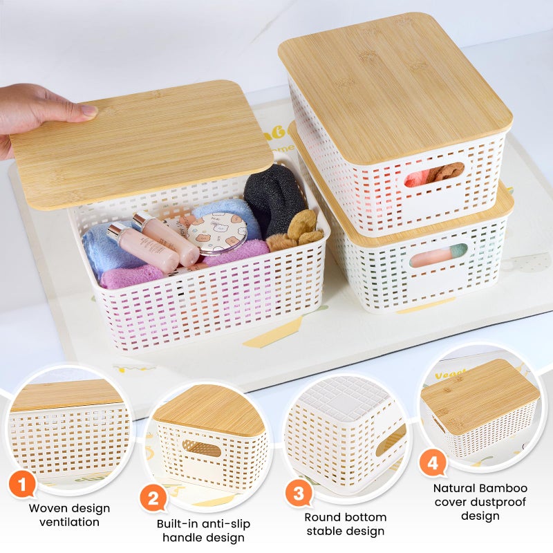 Ohmlove Plastic Storage Baskets With Bamboo Lid - Plastic Storage Containers Stackable Storage bins: Storage Baskets for Organizing Shelves Drawers Desktop Closet Playroom Classroom Office, 6 Pack - Image 3