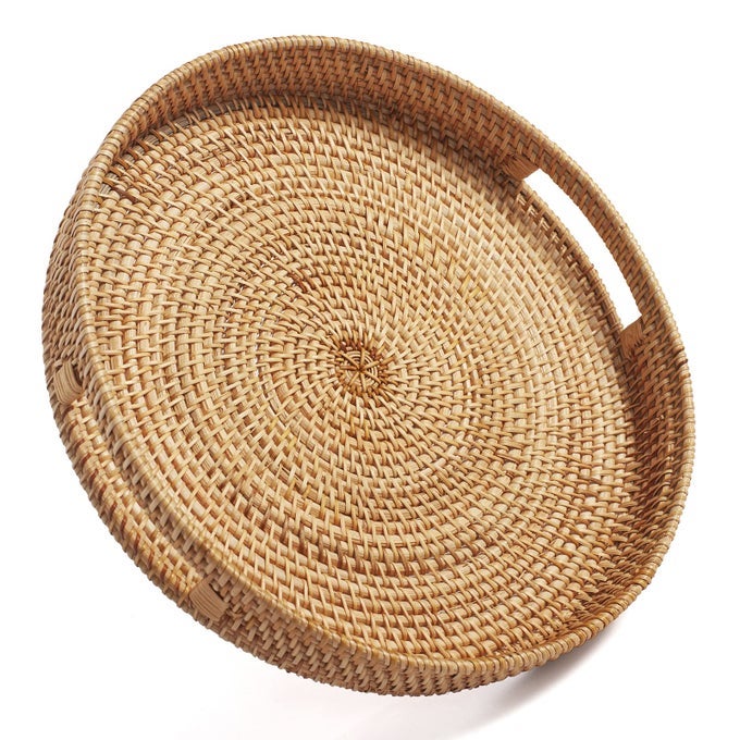 COFFEE TABLE TRAY ROUND RATTAN OTTOMAN TRAY WOVEN SERVING TRAYS WITH HANDLES FOR HOME AND KITCHEN DECORATIVE NATURAL LARGE 14 INCH X 28 INCH