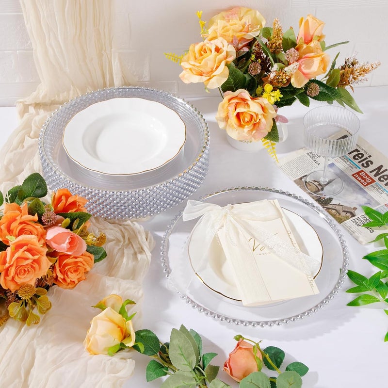 ejonirinjonir 20pcs Clear and Silver Charger Plates 13inch Plastic Charger Plates Plastic Round Dinner Plate with Beaded Rim for Home Birthday Wedding Party Events Table Decor - Image 3