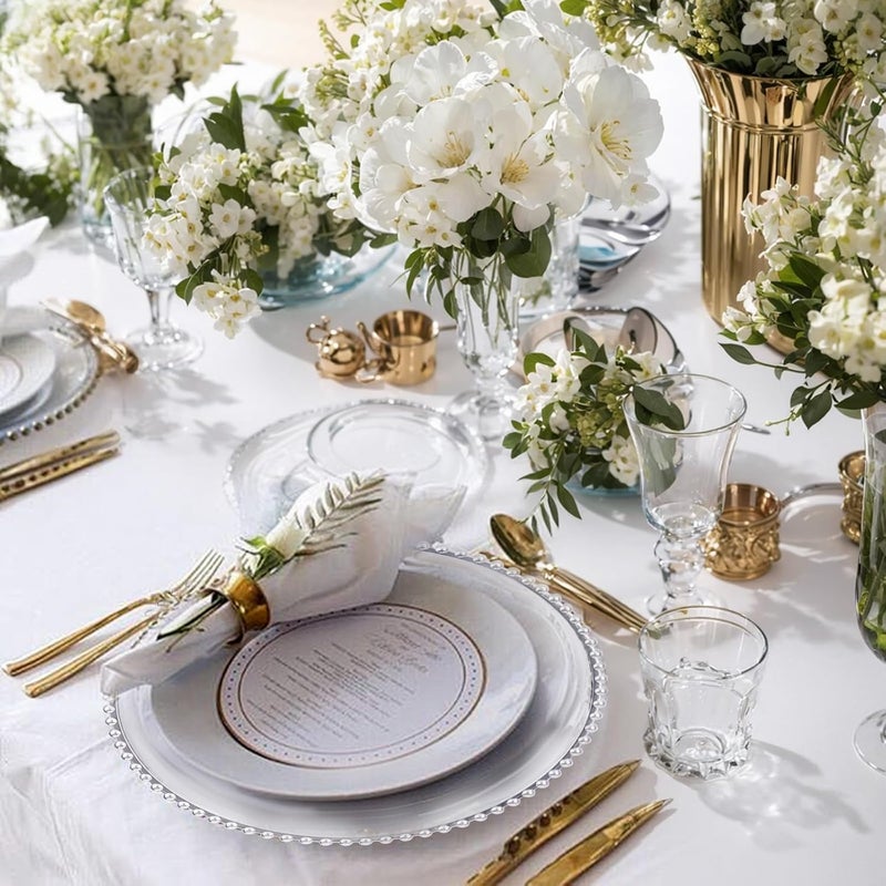 ejonirinjonir 20pcs Clear and Silver Charger Plates 13inch Plastic Charger Plates Plastic Round Dinner Plate with Beaded Rim for Home Birthday Wedding Party Events Table Decor - Image 4
