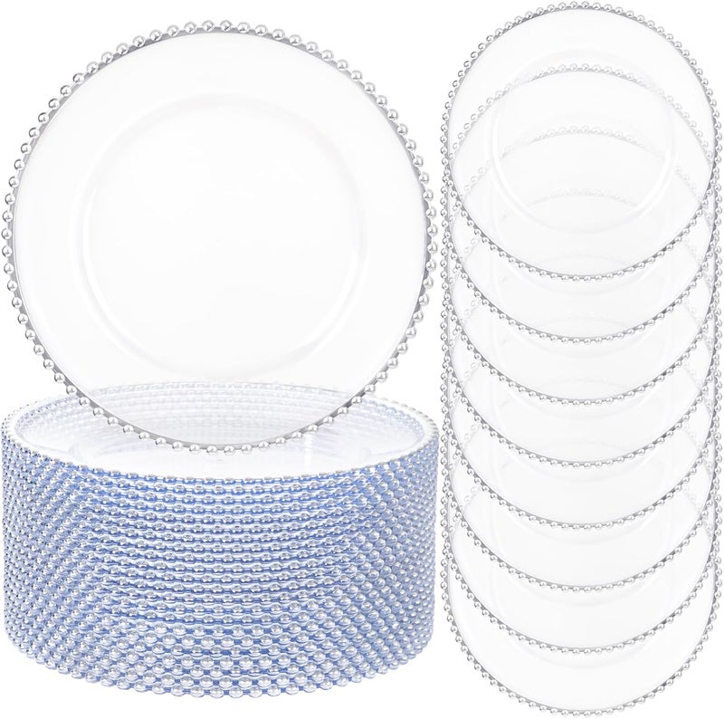 ejonirinjonir 20pcs Clear and Silver Charger Plates 13inch Plastic Charger Plates Plastic Round Dinner Plate with Beaded Rim for Home Birthday Wedding Party Events Table Decor - Image 1