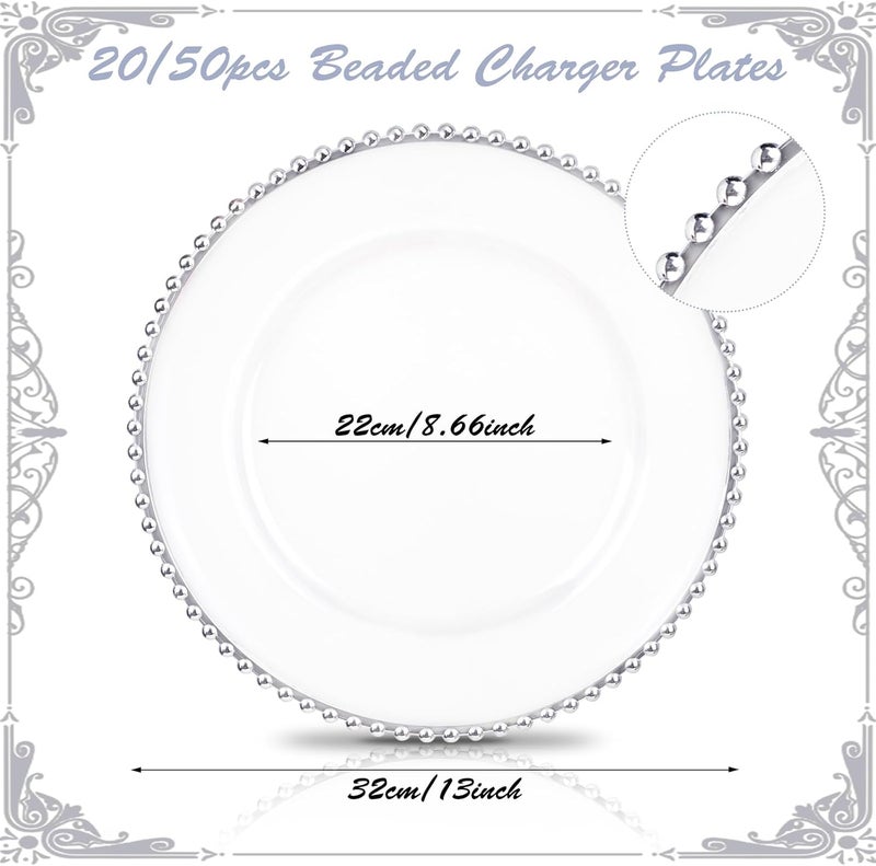 ejonirinjonir 20pcs Clear and Silver Charger Plates 13inch Plastic Charger Plates Plastic Round Dinner Plate with Beaded Rim for Home Birthday Wedding Party Events Table Decor - Image 2