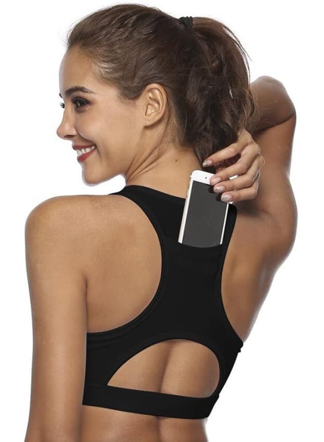 Rubik حمالة صدر رياضية للنساء مع جيب خلفي، بدون سلك، عالية التأثير، تصميم Racerback، سريعة الجفاف، وسادة قابلة للإزالة، حمالة صدر نشطة بدون seams للجري واليوغا وصالة الألعاب الرياضية واللياقة البدنية (كبير، أسود) - Image 1