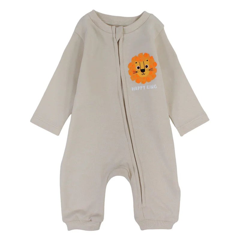 Pompelo Baby Boys Cotton Footless Onesie – Beige with a Lion Head Design - Image 1