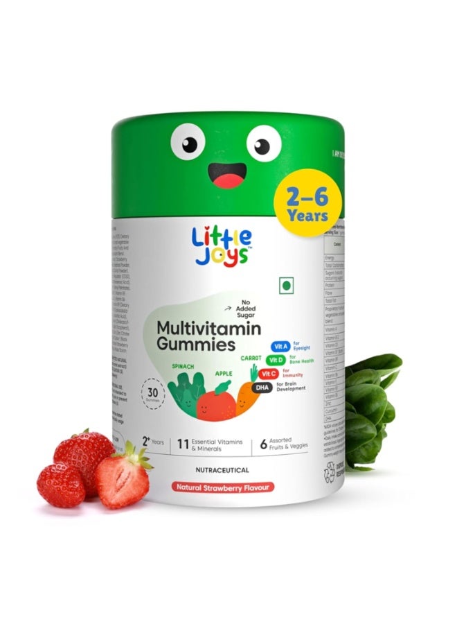 Little Joys Multivitamin Gummies for Kids | 2-6 Years | 30 Gummies | With 11 Vitamins & Minerals | Improves Immunity, Bone health & Antibody Production | No Added Sugar | Strawberry Flavour
